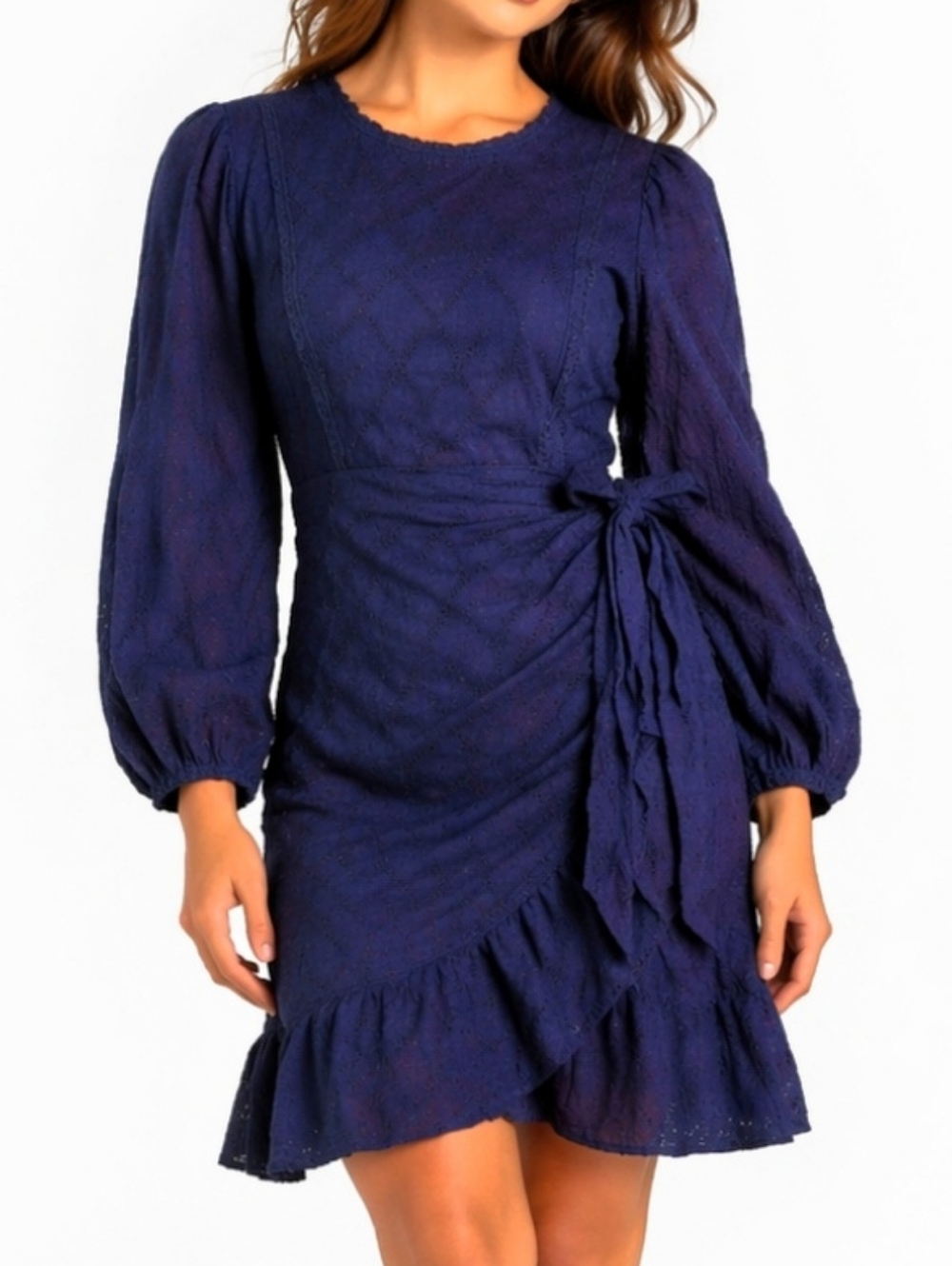 J. Crew 100% Cotton Navy Blue Long Sleeve Side Tie Faux Wrap Ruffle Hem Dress